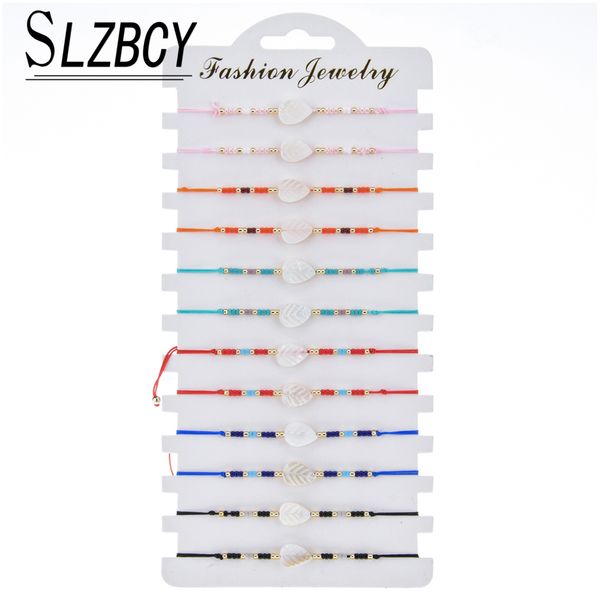 

12 pcs/lot boho leaf shell charm bracelets set for women pulsera braided rope seed beads wristband adjustable fashion jewelry, Golden;silver