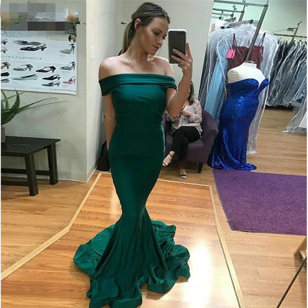 Novas verdes longos Sereia Prom Vestidos Sexy Strapless 2020 Off The Shoulder Modest Satin Pavimento comprimento Womens Evening Vestidos Especial Plus Size