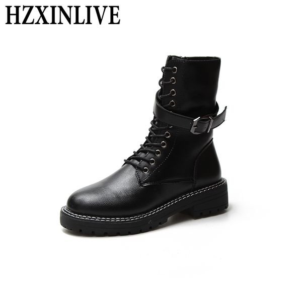 

hzxinlive women motorcycle boots new buckle autumn cool style mid-calf boots black casual lace up ladies shoes botas mujer