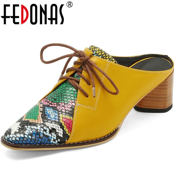 

fedonas fashion mature women wedding casual basic shoes snake pattern lace-up thick heels slingbacks 2020 spring new shoes woman, Black