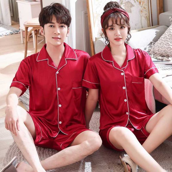 

couples 2020 summer thin ice silk couple pajamas female wedding festive red wedding suit pajamas couple satin solid, Black;red