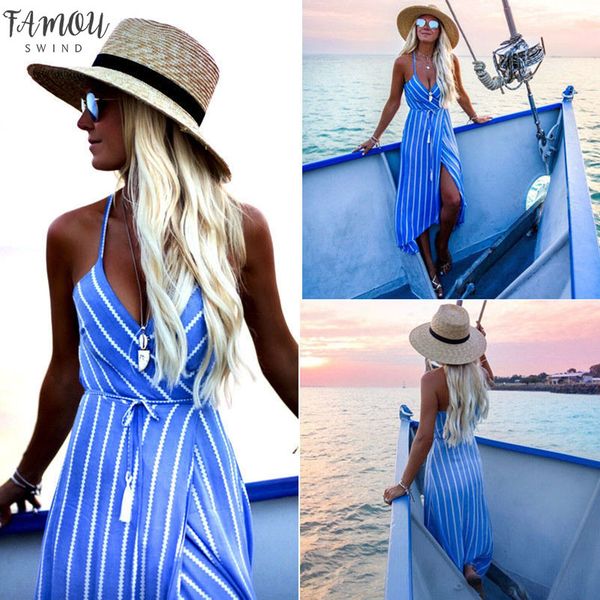 

недавно летняя мода богемский платье синий полосатый орденские ленты рукавов глубокий v-образным вырезом высокой талией пят платье sundress, Black;gray