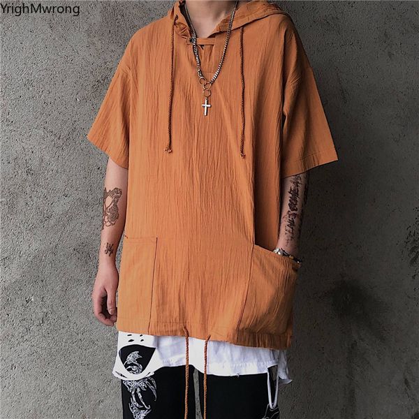 

твердая кнопка с капюшоном струнного хлопка белье крупногабаритных мужчинами японской футболки футболка harajuku streetwear хип-хоп панк луч, White;black