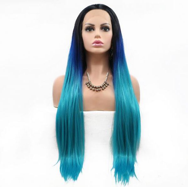 

the latest european and american style star hairstyle blue gradient 22-26 inches long straight hair front lace chemical fiber wig, Black