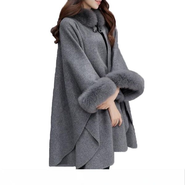 

осень зима основные пальто полушерстяные пальто женщины элегантная повседневная одежда casaco feminino свободный меховой воротник длинные по, Black