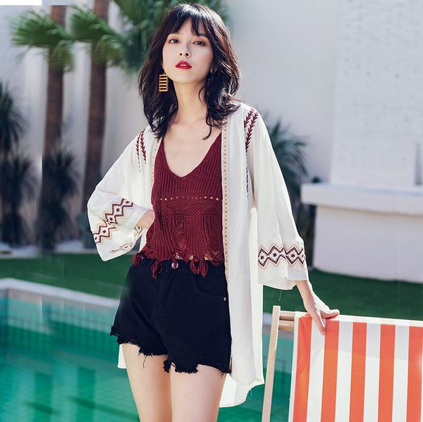

embroidered shawl airable shirt thin coat summer seaside beach holiday outdoor sun protection clothing women's cardigan, White