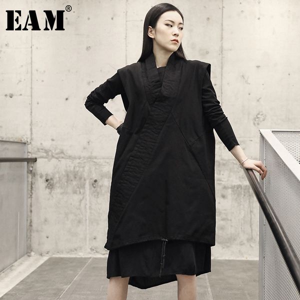 

eam] 2019 new spring summer v-collar sleeveless black hem irregular stitch drawstring big size vest women fashion tide jo463, Black;white