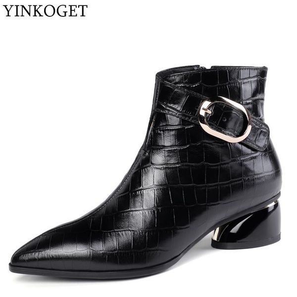 

allbitefo genuine leather brand high heeks ankle boots for women stone texture women high heel shoes matin boots, Black