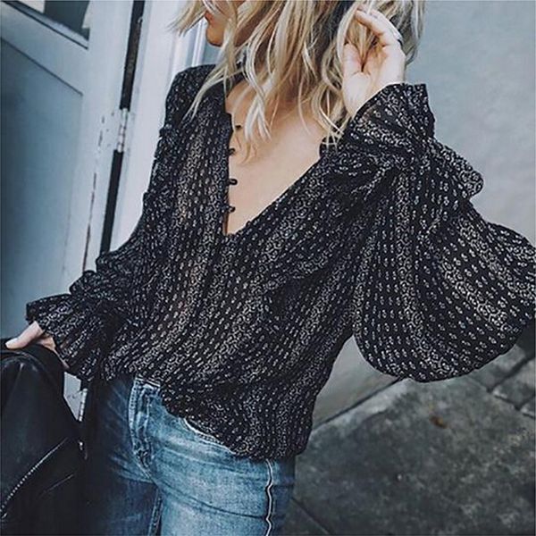 

brand retro blouse women black boho office casual balloon long sleeve v-neck loose shirts blouses plus size ing, White