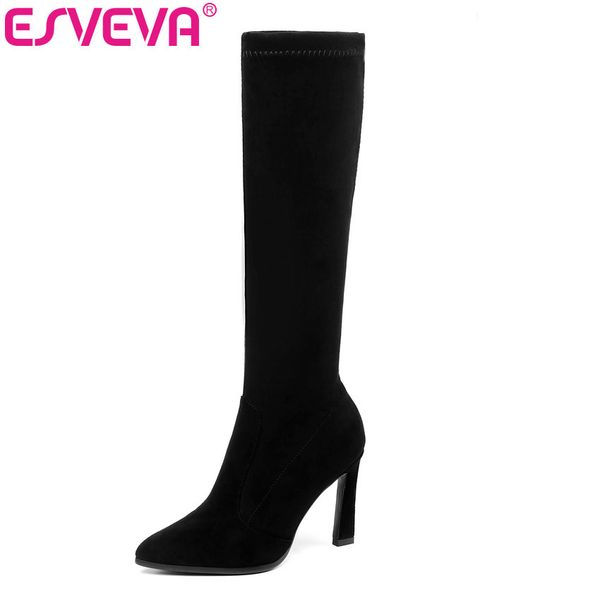 

esveva 2020 knee high boots winter warm women boots platform motorcycle square high heel stretch fabric shoes size 34-43, Black