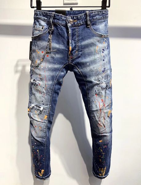 

new fashion mens designer distressed ripped jeans motorcycle biker jeans causal holes denim pants streetwear mens jeans, Blue