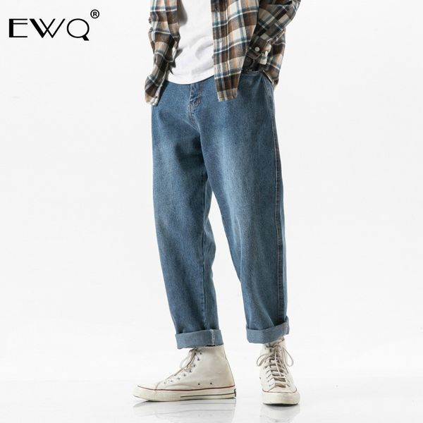 

ewq / men's bottoms 2020 spring new washed straight denim pants japanese vintage embroidery loose simple jeans men tide 9y48705, Blue