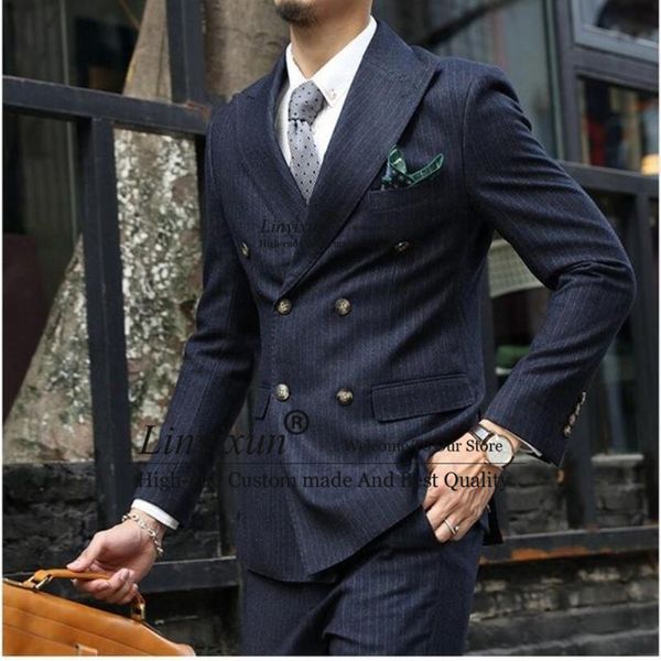 

new wedding suits for men groom business casual tuxedos design navy blue stripe suit 2 pieces (jacket+trousers, White;black