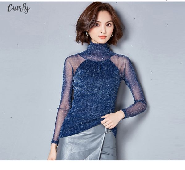 

2020 sequins new long sleeves lace spliced womens clothing turtleneck women fashion solid women blouses shirt blusas c720 30, White