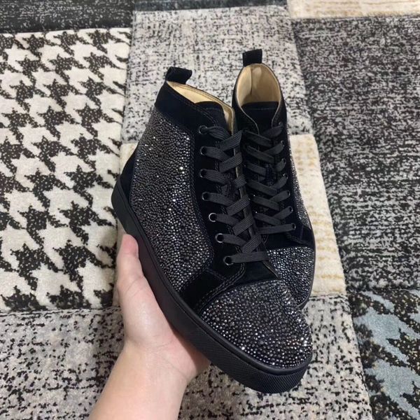 

brand-new rantus strass black crystal leather men's high red bottom sneakers lace up suede leather red sole outdoor perfect trainer