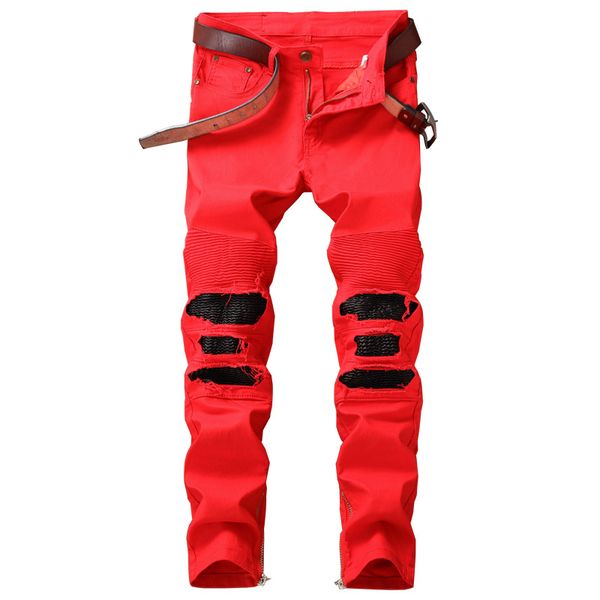 

mens hi street ripped biker jeans pants with ankle zipper straight stretch red motorcycle denim trousers leather patchwork, Blue