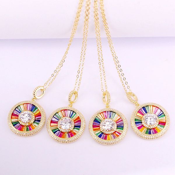 

6pcs, gold filled colorful zirconia rainbow multi round pendant necklaces, Silver