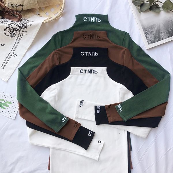 

women letter embroidery t shirt turtleneck basic fashion long sleeve tee shirt harajuku casual solid tees for female autumn, White