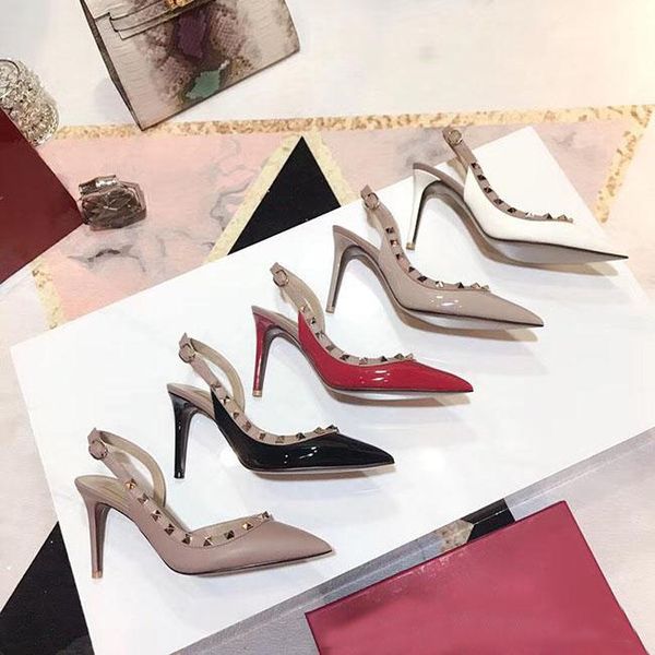 

2019 latest ladies rivet high heel sandals summer shoes designer slingback pumps sandals large size 34-42, Black