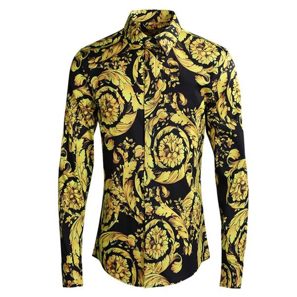 

классический королевский золотой желтый цветок печати рубашки мужчины с длинным рукавом отложным воротником рубашки мода европа уличная мужс, White;black
