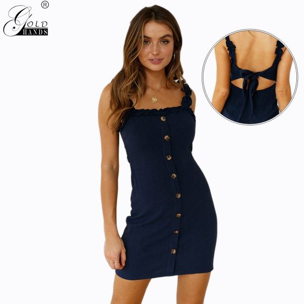 

gold hands backless women bodycon summer dress single-breasted lace up casual mini dress ruffles strap wrap beach, Black;gray