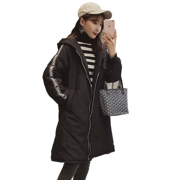 

winter new  wild hooded long loose cotton jacket cotton one generation, Black