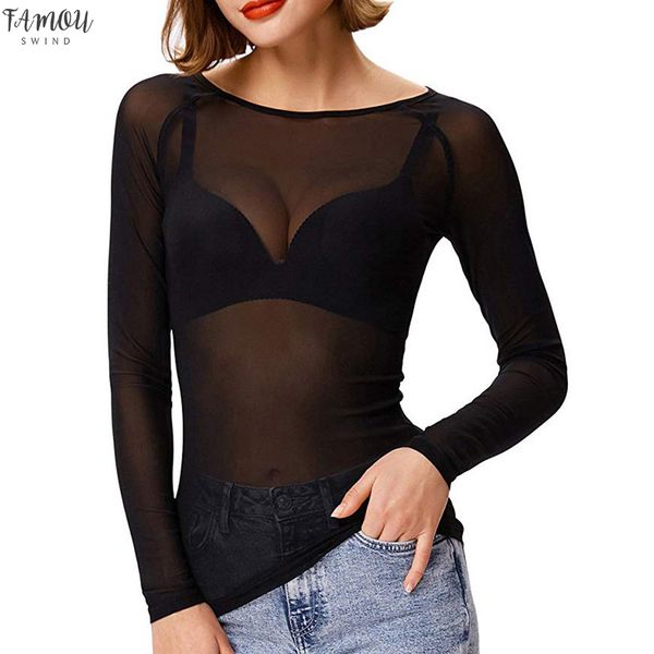 

40 сексуальные женщины топы прозрачные блузки see mesh круглый вырез с длинным рукавом sheer shirt ladies slim tops camisas mujer 2020, White