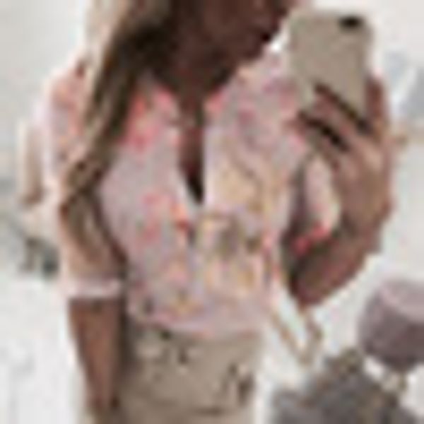 

short sleeve buttons v neck lady shirt summer floral print women blouse, White