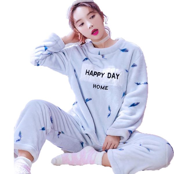 

korean style winter thicken warm cute sleeping set cartoon coral fleece pajamas furnishing suit coral velvet pyjamas home wear, Blue;gray