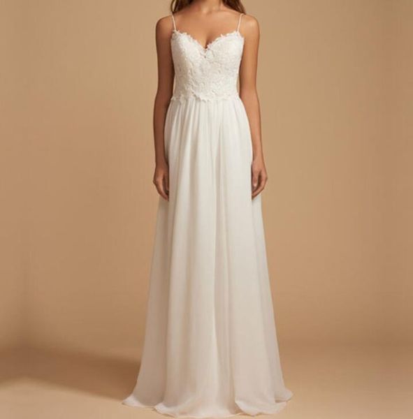 

summer style chiffon wedding dress backless spaghetti pleast chiffon with lace sweep train bridal gowns wedding dresses, White