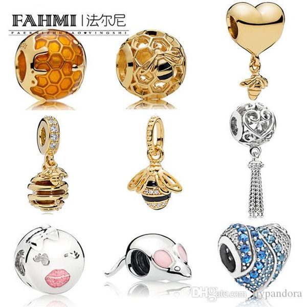 

EDELL 100% 925 Sterling Silver New Honey bee Gold Color Generous Fashion Suitable Heart Shaped Beads Smiling Mouse Charm Womens
