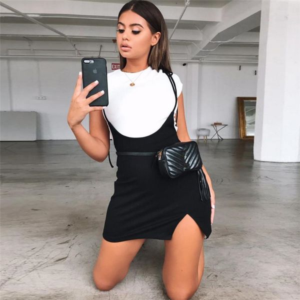 

europe and america 2020 winter new women's shoulder strap outfit slim bag hip split dress, Black;gray