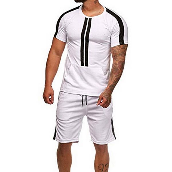 

lasperal men 2 pieces set fashion striped sportwear tracksuit summer short sleeve t-shirt casual drawstring shorts suit male, Gray