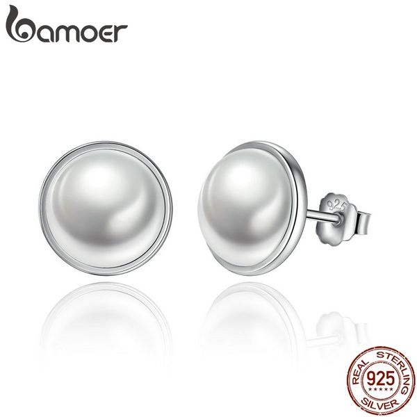 

bamoer мода стерлингового серебра 925 элегантный красоты, круглый белый жемчуг серьги стержня женщины обручальное ювелирные изделия brincos, Golden;silver
