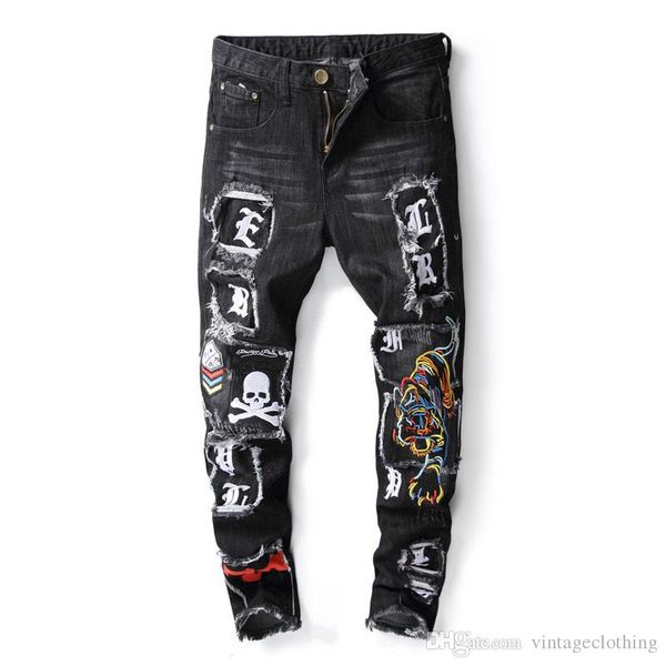 

дизайнерская мода уличные мужские байкерские джинсовые брюки вышитые хип-хоп отверстие прямые тонкие черные брюки, Blue