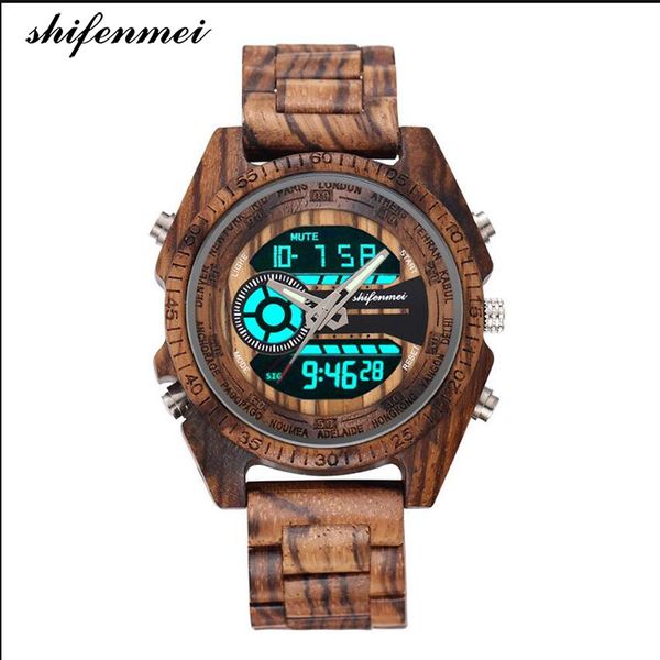 

shifenmei s2139 antique natural digital men watches led display engraved wooden luminous hand boys brand male female watch, Slivery;brown