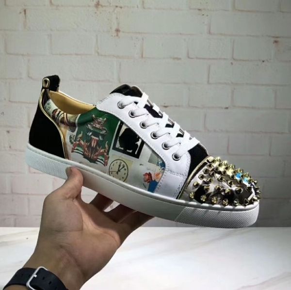 

2019 full packet design red bottom sneaker for men women trainers seavaste orlato men's flat junior print genuine leather, Black