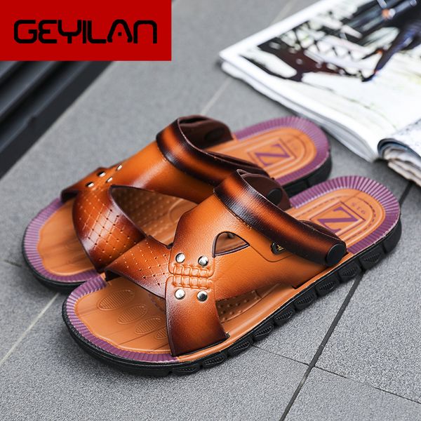 

men's summer sandals genuine leather comfortable slip-on casual sandals fashion men slippers zapatillas hombre size 39-44, Black
