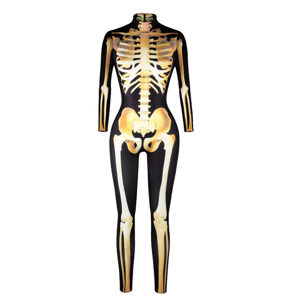 

gold skeleton frame digital print zipper jumpsuit halloween costume women's tights cosplay onesies coverall clothes, Black;red