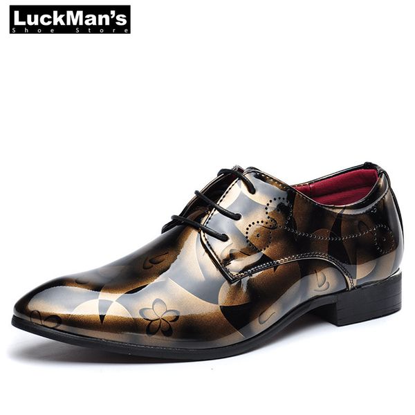 

luckman men dress shoes patent leather oxfords shoes mens formal pointed toe chaussures hommes en cuir footwear plus size, Black