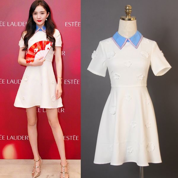 

runway dresses celebrity dress summer stand collar short skirt waist a-line, Black