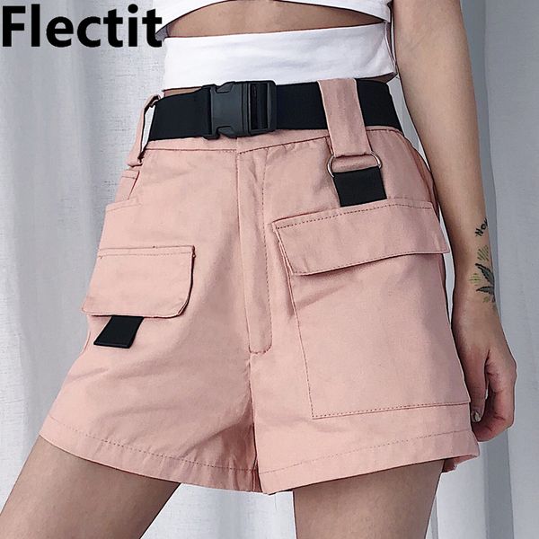 

flectit summer women cargo shorts korean fashion high waist mini shorts with pocket buckle belt casual ladies *, White;black