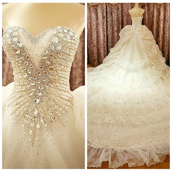 

роскошный милая бисером кристалл свадебные платья драпированные аппликация кружева свадебные платья бинты назад длинные бисером vestidos де, White