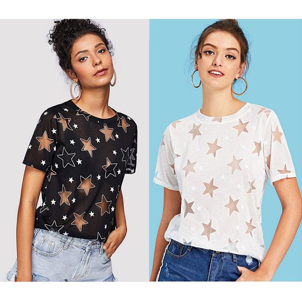

designer womens t-shirt luxury womens short sleeve new brand hollowed-out t-shirt with stars casual cute style size s-xl wholesales, White