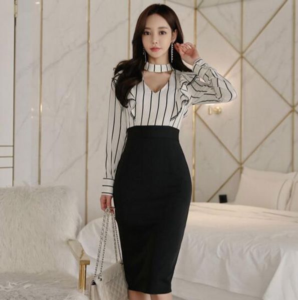

new ladies fashion striped stitching bag hip long skirt, Black;gray