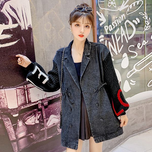 

women's trench coats [ewq] 2021 spring autumn lapel long puff sleeve knitting patchwork denim double breasted vintage jacket women ak10, Tan;black