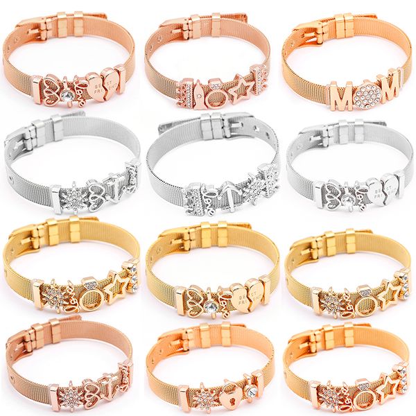 

baopon new friend mom love slide charm bracelets stainless steel gold mesh bracelets bangles for women friend fashion gift, Black