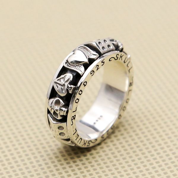 

solid silver 925 rotating spinner ring men gamble skull lucky band gothic punk 925 sterling silver jewelry men thick thai, Golden;silver