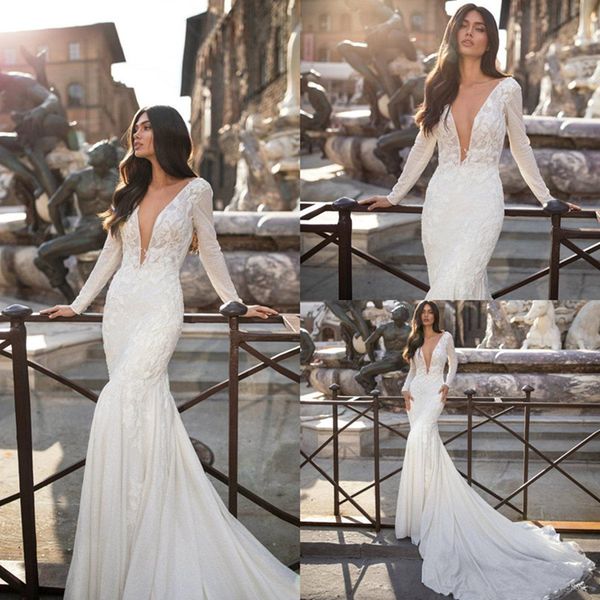 

2020 милла нова русалка свадебное платье v шеи аппликацией кружева развертки поезд с длинным рукавом свадебные платья сшитое плюс размер ves, White