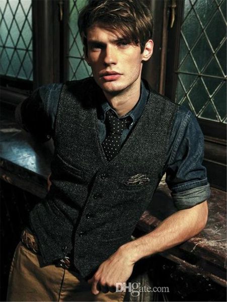 

2020 свадебные groom жилеты шерсть однобортный елочка твид жилеты groomsmen жилет мужской костюм жилет пром блэйзерс жилет выполненный на за, Black